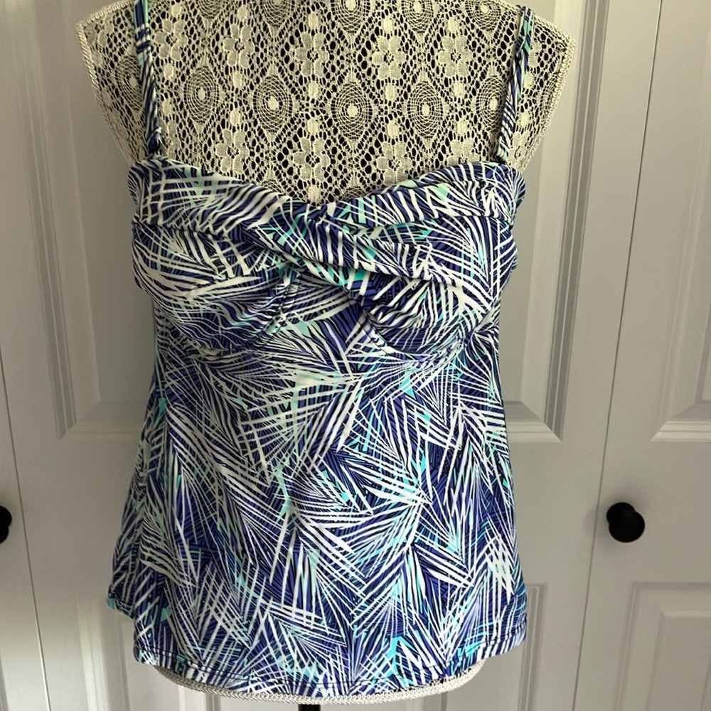 Christina purplish blue white and teal tankini with underwire and built in bra.